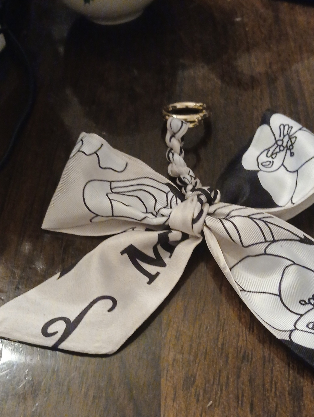 Silk Bow Keychain with Black & White Floral Print Or Bag Charm
